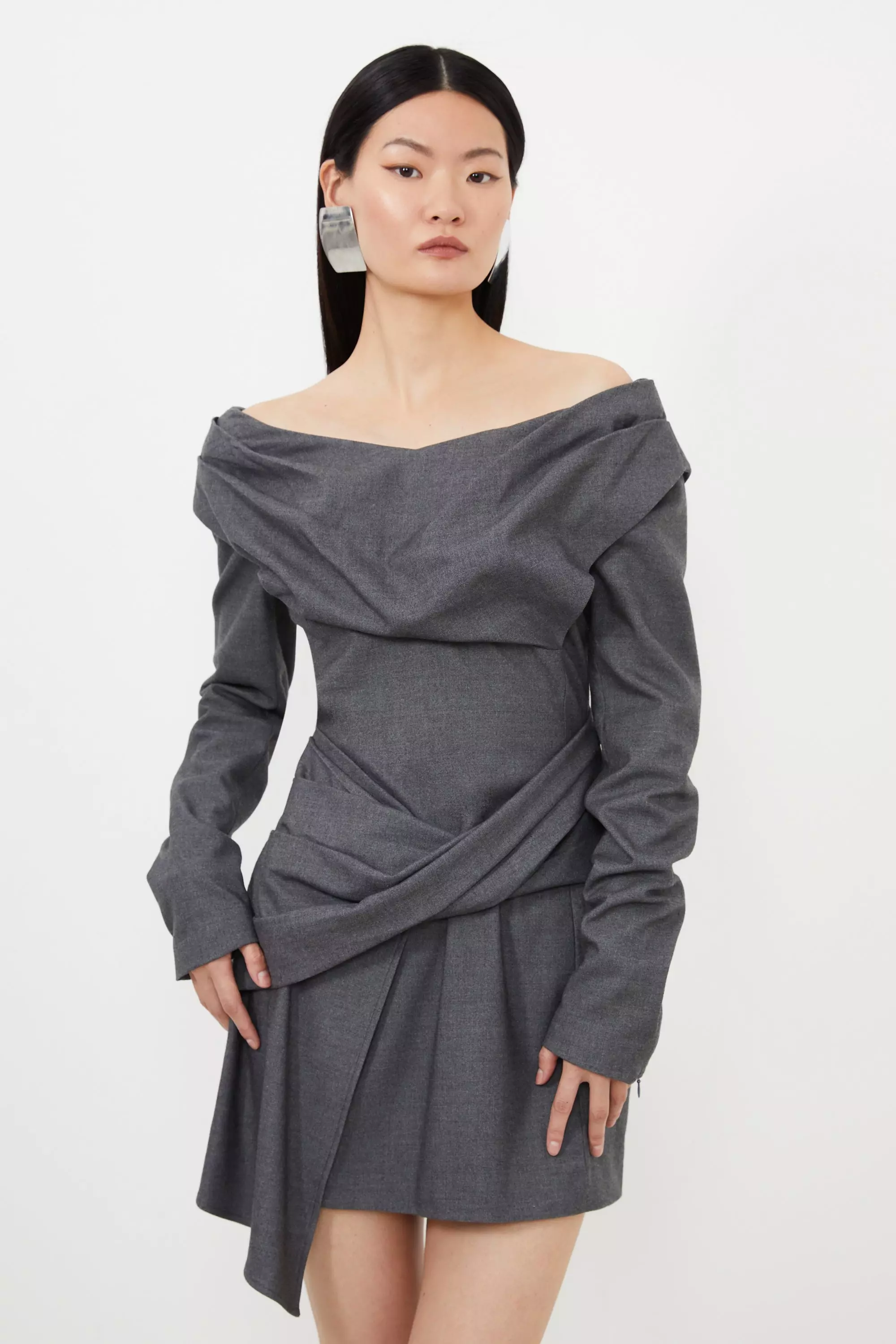 Grey Marl Woven Wool Mix Bardot Mini Dress Karen Millen